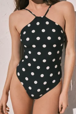 Ba&ntilde;ador moldeador estampado lunares negro