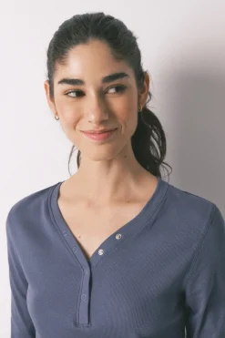 Camiseta manga larga algodón canalé azul