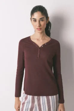 Camiseta manga larga algodón canalé granate