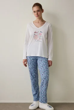 Conjunto de pijama de manga larga con cuello en V y estampado Cup Of Tea