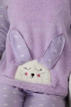 Conjunto pijama polar conejo y corazones lila