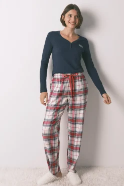 Pantal&oacute;n largo algod&oacute;n franela cuadros rojo