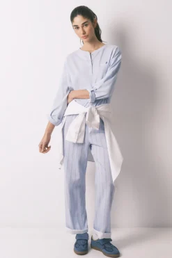 Pantalón largo 100% algodón estampado rayas azul