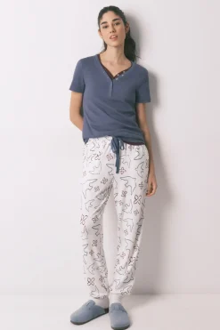 Pantal&oacute;n largo blanco estampado p&aacute;jaros