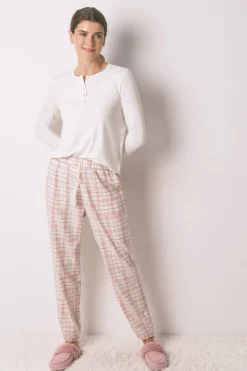 Pantal&oacute;n largo franela rosa print cuadros