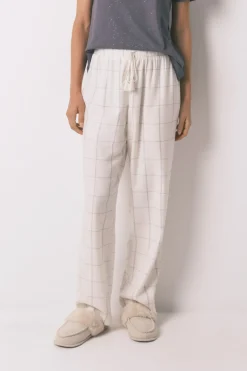 Pantal&oacute;n largo franela blanco print cuadros