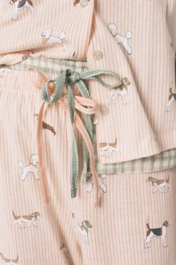 Pijama camisero largo 100% algod&oacute;n estampado rayas y perritos