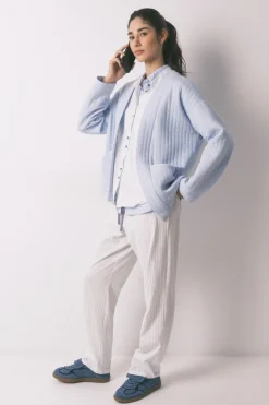 Pijama camisero largo 100% algod&oacute;n blanco rayas