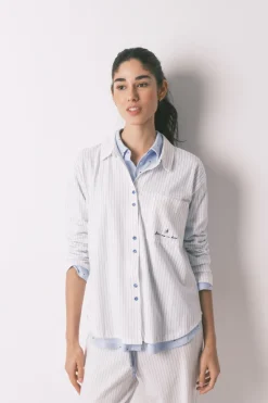 Pijama camisero largo 100% algod&oacute;n blanco rayas