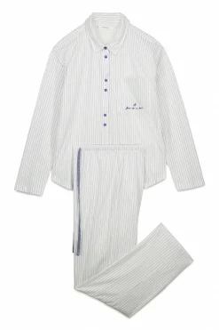Pijama camisero largo 100% algod&oacute;n blanco rayas