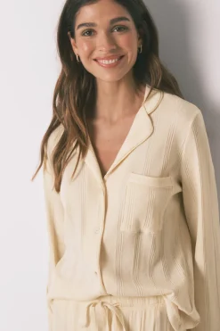 Pijama camisero largo algod&oacute;n canal&eacute; amarillo