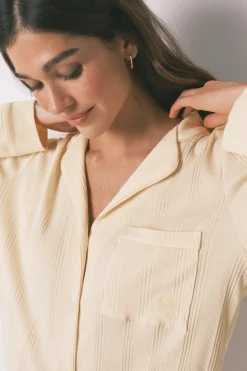 Pijama camisero largo algod&oacute;n canal&eacute; amarillo