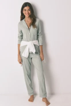 Pijama camisero largo algod&oacute;n canal&eacute; verde