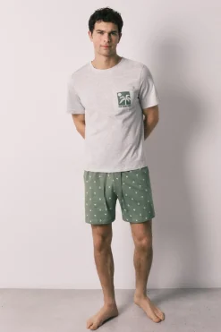 Pijama corto hombre algod&oacute;n estampado palmeras