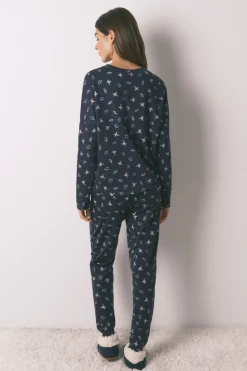 Pijama largo 100% algodón azul estampado ranitas