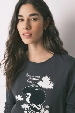 Pijama largo 100% algod&oacute;n gris estampado Mafalda