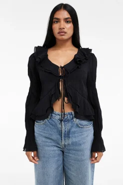 Top manga larga plisado