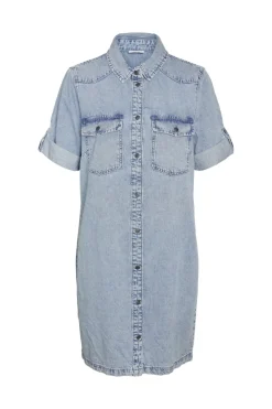 Vestido corto vaquero con manga corta, cuello y bolsillos frontales