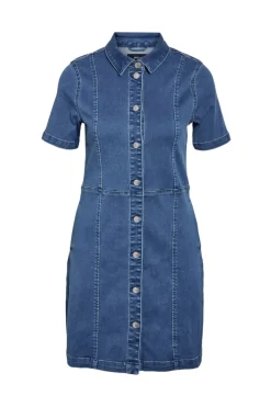 Vestido vaquero de manga corta con cuello y abotonado frontal