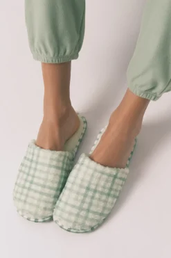 Zapatillas casa borreguito cuadros verdes