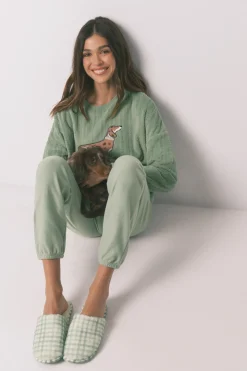 Zapatillas casa borreguito cuadros verdes